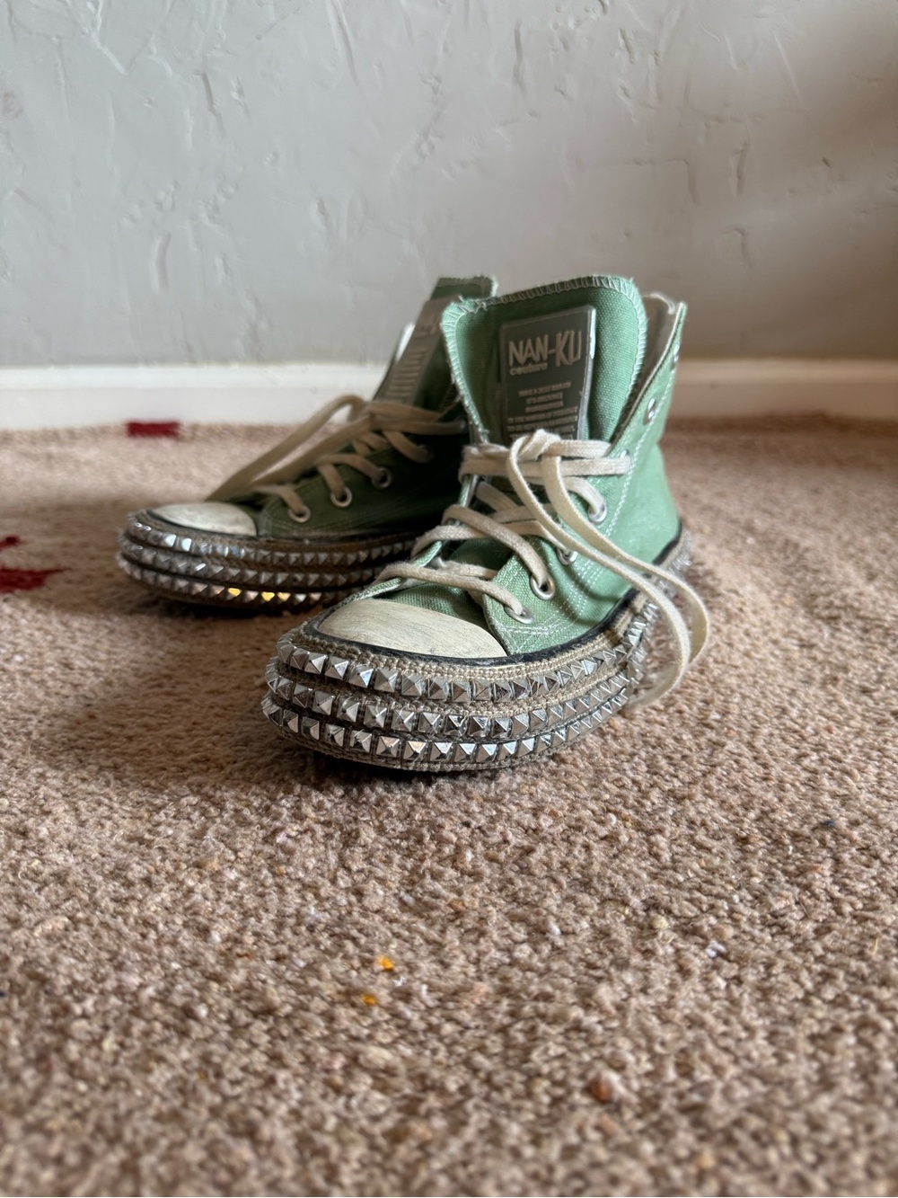 NAN-KU Green Canvas High-Top Studded Platform Sneakers